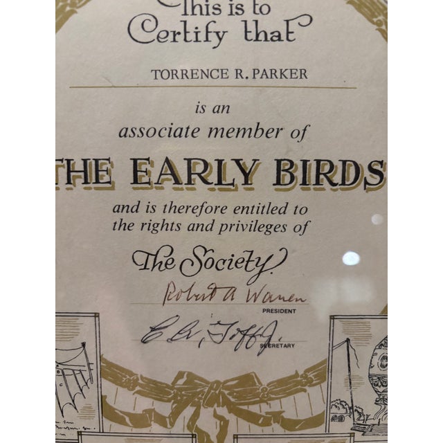 Vintage “The Early Birds” Aviation Membership Certificate – Framed Early Aviation Ephemera For Sale In San Diego - Image 6 of 8