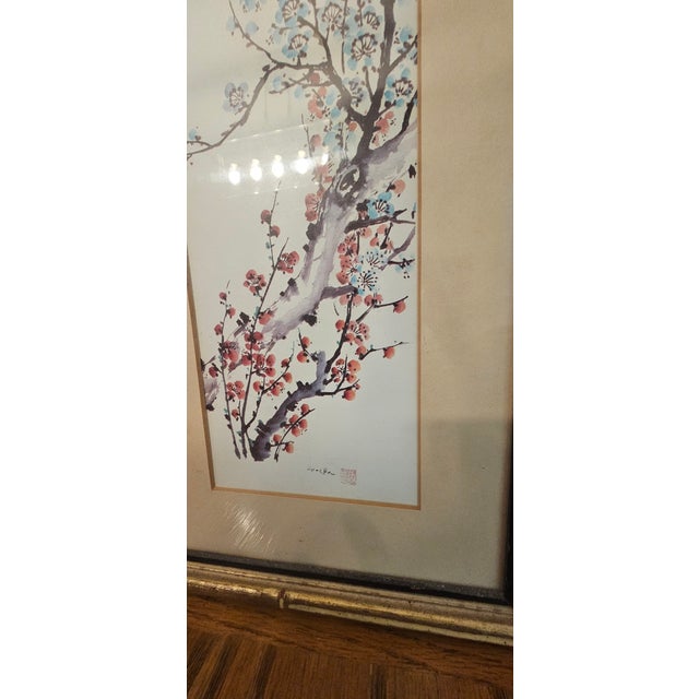 Gorgeous Pair of Silk Chinese Paintings With Gilt Faux Bamboo Frames For Sale - Image 10 of 10