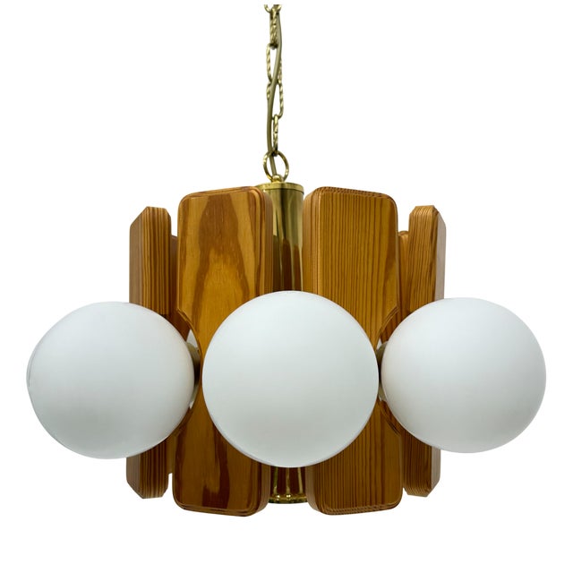 Vintage Pine Wooden Chandelier with Glass Globes, 1970s For Sale