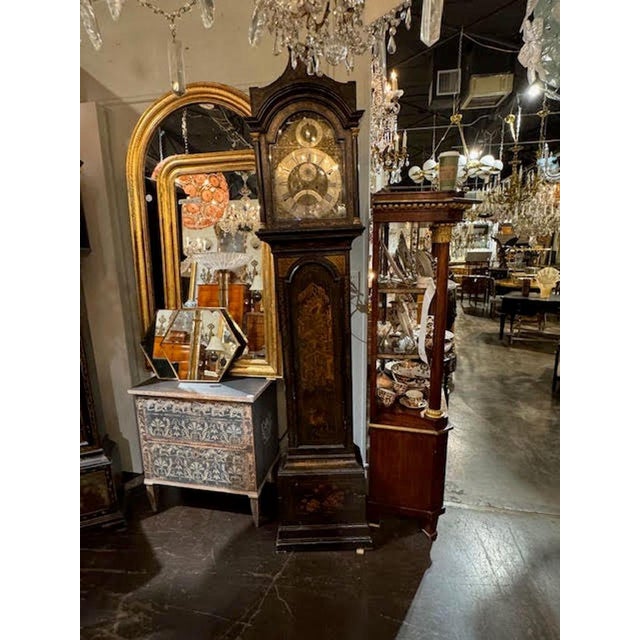 19th century English tall case ebonized and gilt chinoiserie grandfather clock. Very stunning in person! Perfect for any...