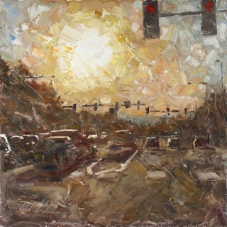 Early Evening by Clyde Steadman | Oil Painting of a city street at sunset with traffic lights. For Sale