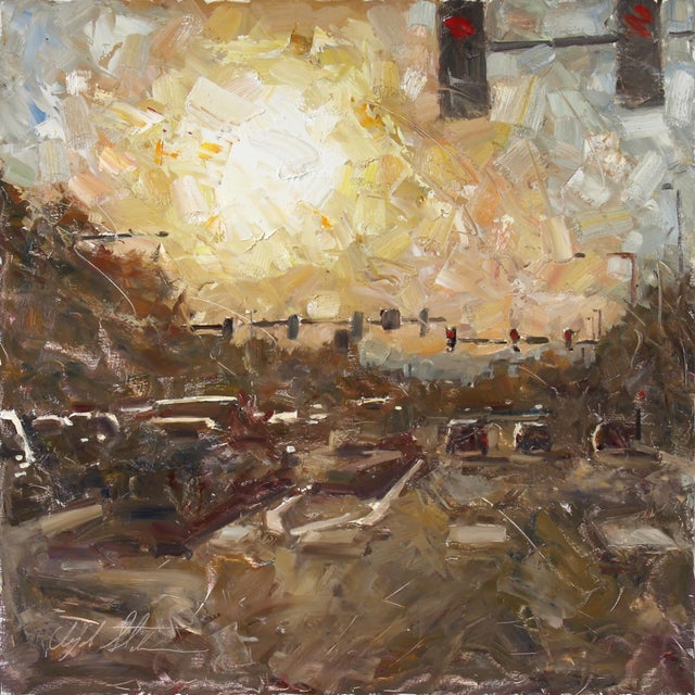Early Evening by Clyde Steadman | Oil Painting of a city street at sunset with traffic lights. For Sale