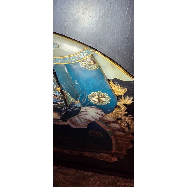 20th C. Emperor and Empress Plaque Large - Mid-Century Chinoiserie Black Lacquer & High-Relief Soapstone Wall Panels. For Sale - Image 16 of 18