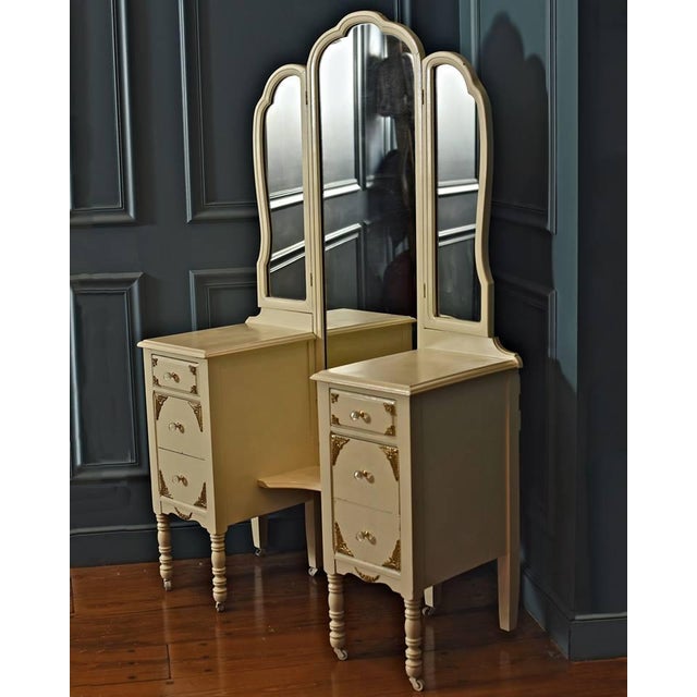 Victorian Ivory VanityMakeup Dresser With Gold Leaf Accents With Mirror