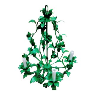 Custom Vintage Tole Kelly Green Gloss 5 Light Floral Chandelier With Leopard Mini Shades For Sale