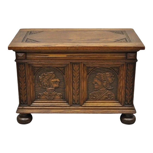 Antique Jacobean Oak Wood Figural Bust Carved Blanket Chest Trunk on Bun Feet For Sale