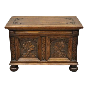 Antique Jacobean Oak Wood Figural Bust Carved Blanket Chest Trunk on Bun Feet
