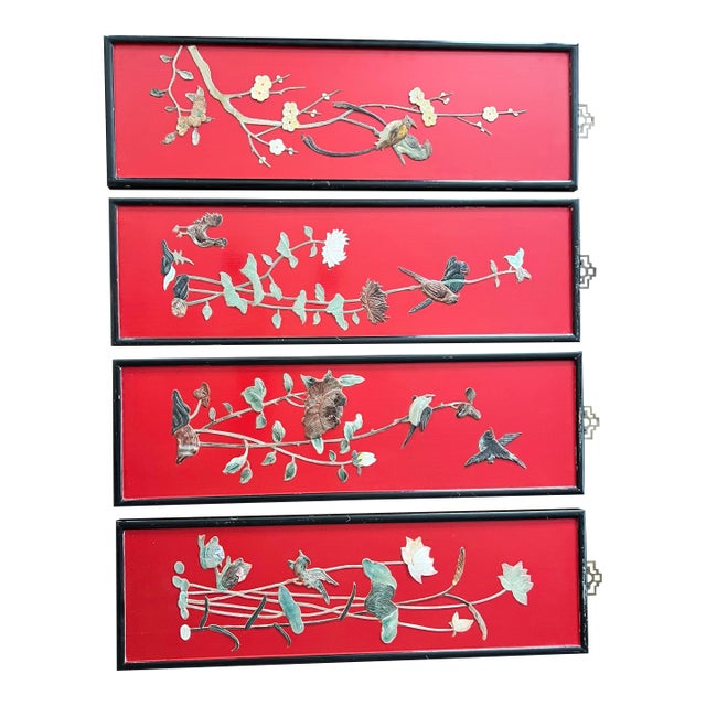 Four Vintage Chinese Soapstone and Jade Floral and Bird Panels Featuring Intricate Raised Designs. For Sale