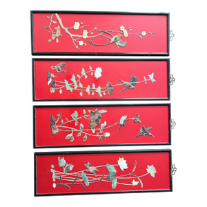 Four Vintage Chinese Soapstone and Jade Floral and Bird Panels Featuring Intricate Raised Designs.