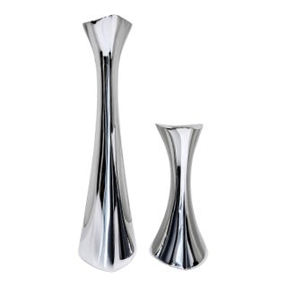 1960s Mid-Century Modern Nambé Aluminum Candlestick Pair – Sculptural Tri-Corner Candle Holders For Sale