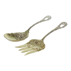 Antique Durgin Chrysanthemum Sterling Silver Fork & Spoon Salad Servers