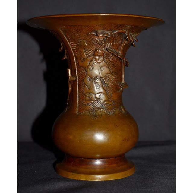 Antique - Late 19th Century Japanese Vase is Bronze and has a Figural & Landscape Motif. It has a Tiny Bend on the Top...
