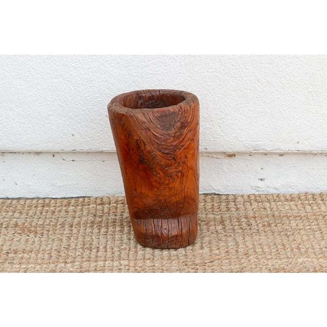 Chinese 19th Century Rustic Antique Chinese Mortar, Carved Wood Planter For Sale - Image 3 of 8