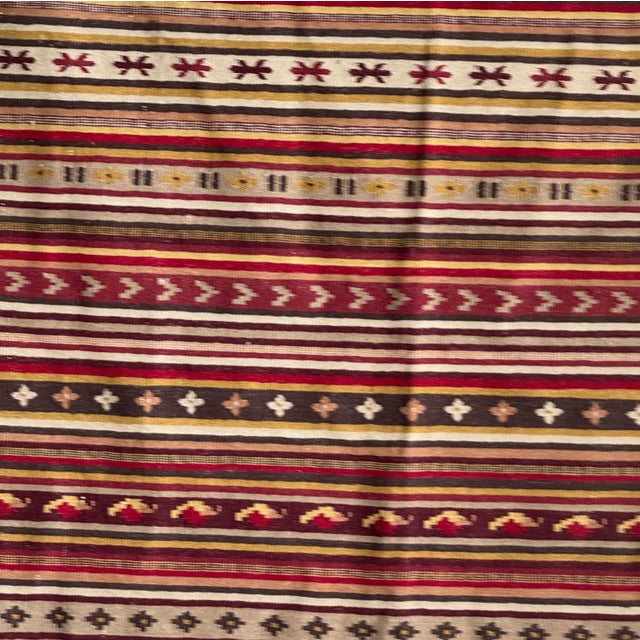Textile Large Indian White Rug with Red, Yellow and White Stripes and Geometric Friezes, Base, 1980s For Sale - Image 7 of 18