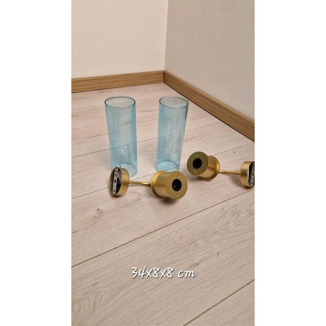 Wall Lamps in Brass with Blue Glass Tube, 1990s, Set of 2 For Sale - Image 11 of 15