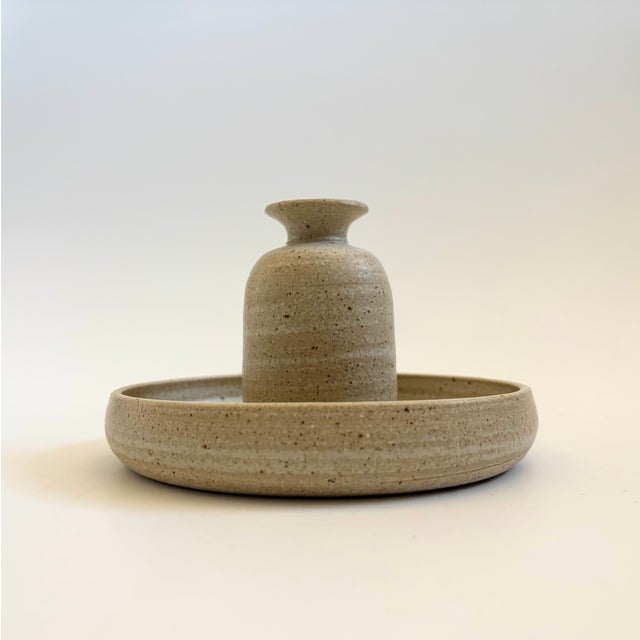 A vintage studio pottery vase and tray. Finished in a speckled light gray glaze. Lovely simple and functional design with...