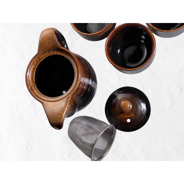 Vintage Japanese Stoneware Tea Service in Smoky Tenmoku Glaze — Set of 6 For Sale - Image 9 of 12