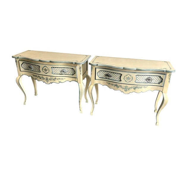 Rustic European La Barge Hand Painted Blue and White French Console Tables or Entry Way Tables For Sale - Image 3 of 12
