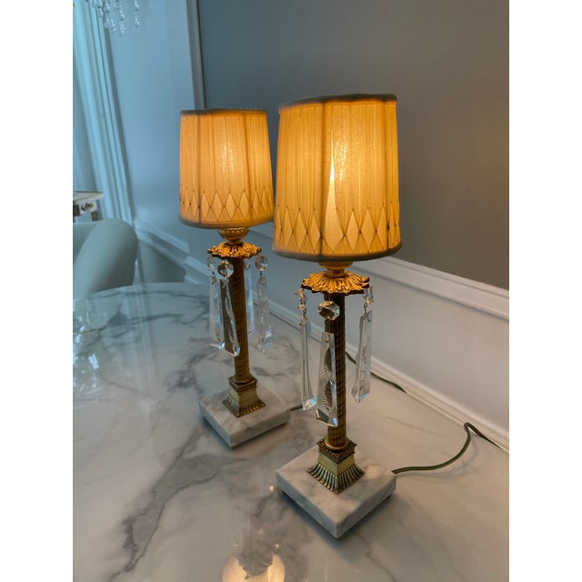 Antique Pair of Neo-Classical Petite Brass and Cut Crystal Lamps Completely Restored For Sale - Image 4 of 11