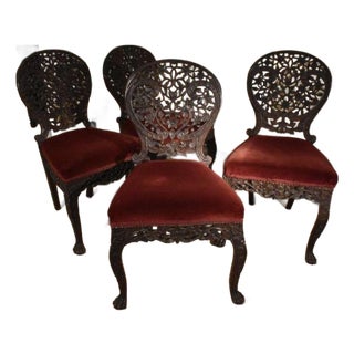 19th Century Set of Four Anglo Indian Rosewood Carved Side Chairs For Sale