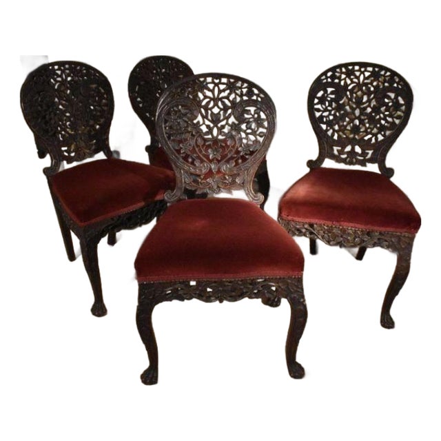19th Century Set of Four Anglo Indian Rosewood Carved Side Chairs For Sale