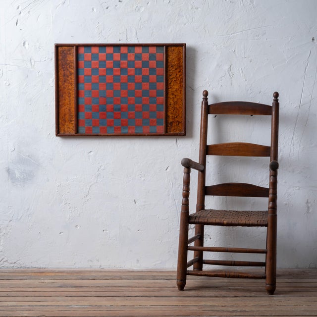 Exceptional American folk art parlor game board featuring silk ribbons forming bold red and blue squares inset beneath...