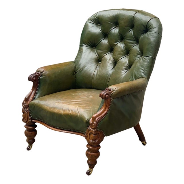 Victorian Chesterfield Chair in Green Leather For Sale