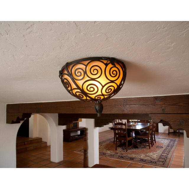 Art Deco Wrought Iron Ceiling Light-Edgar Brandt Style-Amber Glass -17 Inch For Sale In Aspen - Image 6 of 11