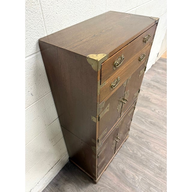Wood Vintage Japanese Tansu Style Oak and Engraved Brass Cabinet For Sale - Image 7 of 10