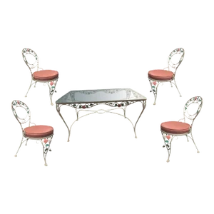 1980s Pink Rose White Iron Garden Table & 4 Chairs