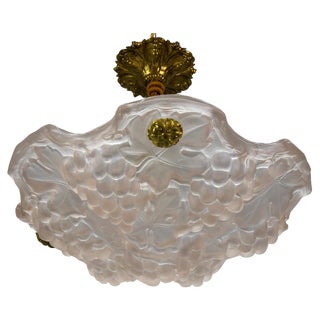 French Light Pink Frosted Glass Pendant Light with Grapes Vines by Verdun, 1930s For Sale