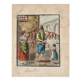The Butcher - Original Ink and Watercolor by Anonymous Neapolitan Master - 1800 Early 20th Century For Sale