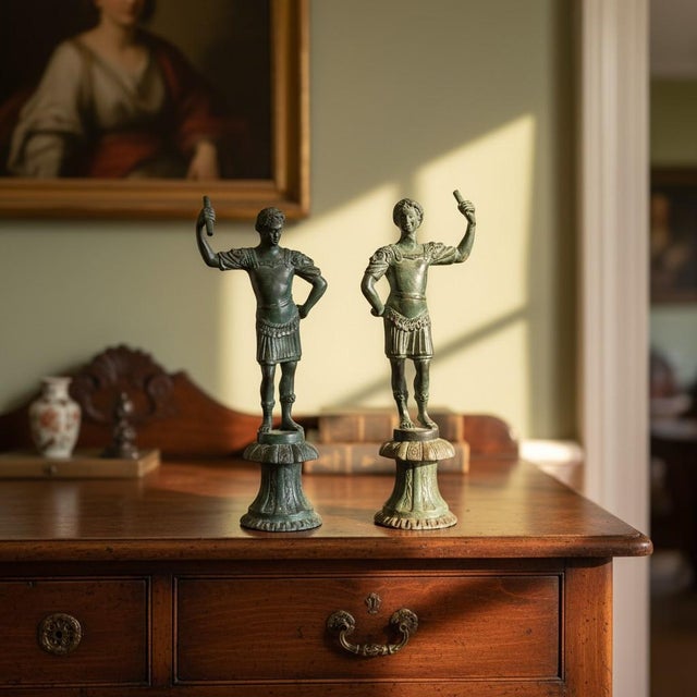 Vintage Maitland Smith Bronze Roman Statue-Pair-Verdigris Neoclassical-Sculpture For Sale - Image 6 of 11