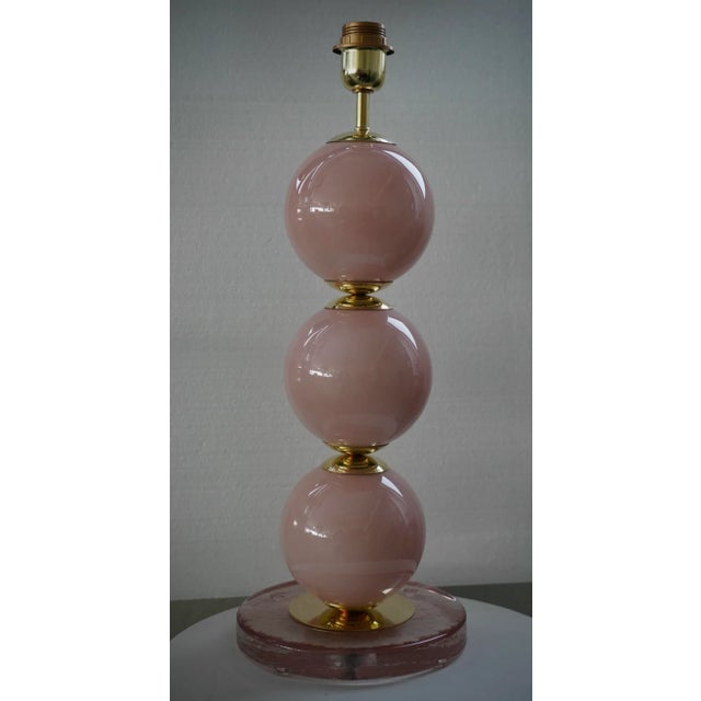 Gold Mid-Century Style Pink Blown Murano Glass and Brass Table Lamp, 2000 For Sale - Image 8 of 9