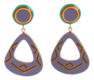 Dangle Pierced Lucite Earrings Purple and Yellow Tribal Design - 2 Pieces