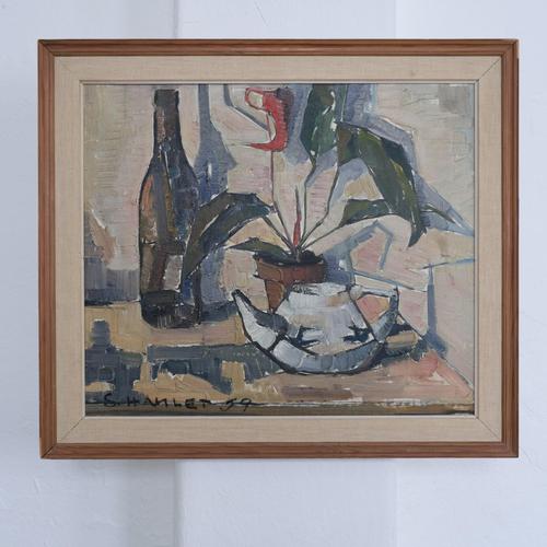 Original oil on canvas still life by Swedish artist Sven-Olof Hamlet (1922–2002), dated 1959. The composition features a...