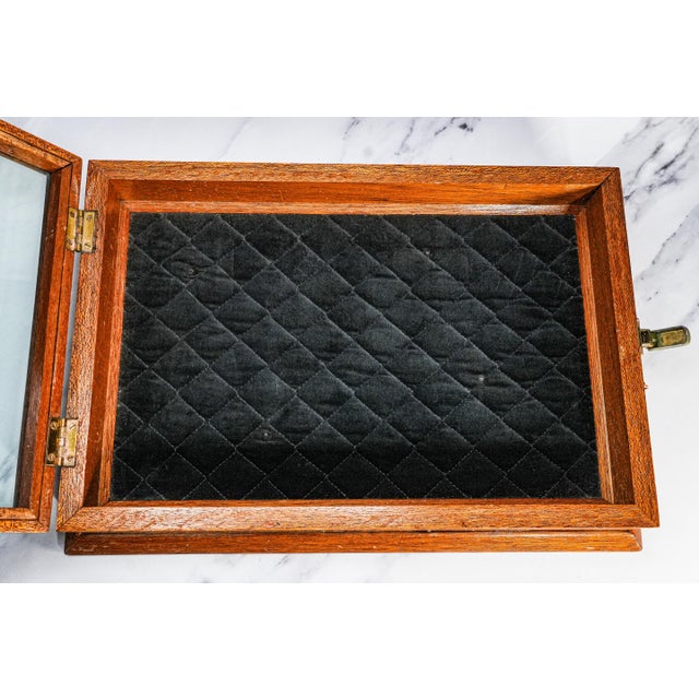 1930s Classic Antique Oak Wood Display Case With Glass Top Velvet Lining Showcase Box For Sale - Image 5 of 14