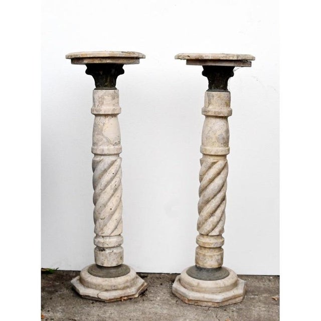Stone Neoclassical Marble Pedestal Columns Garden Stands, Set of 2 For Sale - Image 7 of 7