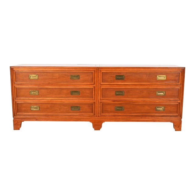 Baker Furniture Hollywood Regency Campaign Walnut Dresser or Credenza For Sale