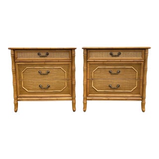 Vintage Broyhill Faux Bamboo Nightstands with 3 Drawers and Wood Finish - Set of 2 For Sale