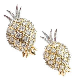 Verdura Vintage Pineapple Diamond Platinum & Yellow Gold Earrings, Pair