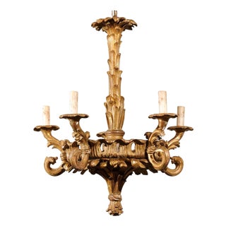 Early 20th Century French Five-Light Foliage Themed Giltwood Carved Chandelier For Sale