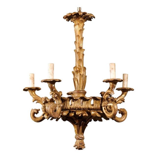Early 20th Century French Five-Light Foliage Themed Giltwood Carved Chandelier For Sale