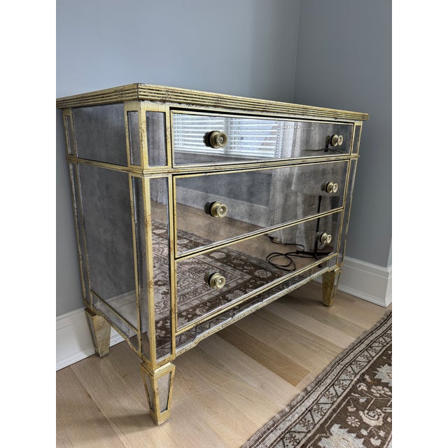 Antiqued Mirrored 3 Drawer Chest With Gold Trim For Sale - Image 4 of 5