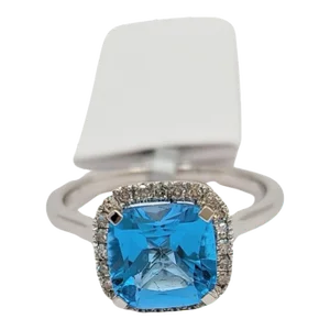 Blue Topaz Cushion and White Diamond Solitaire Ring in 14K White Gold, size 7