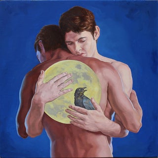 Raven Moon by John Tarantola | Oil Painting of two men embracing with a moon and raven For Sale
