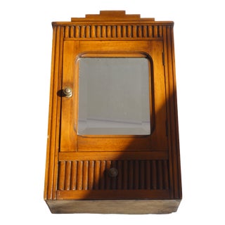 Antique Art Deco Lacquered Oak Mirror Apothecary Cabinet with Carved Door, 1920s For Sale
