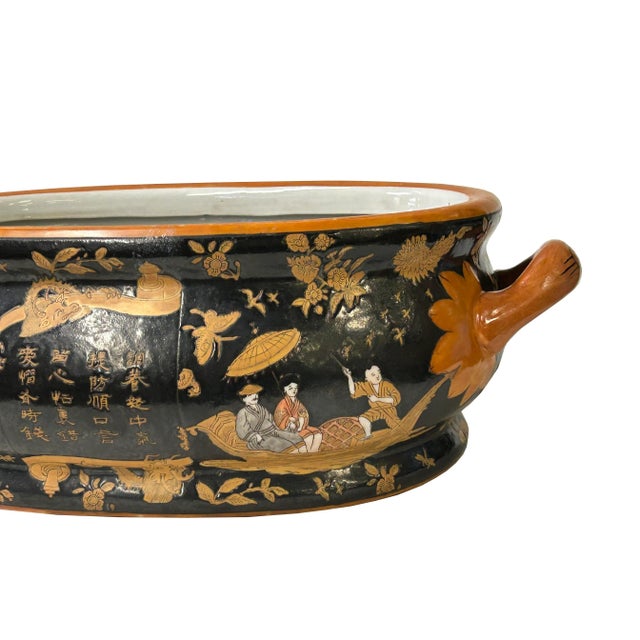 Vintage Chinese Black Copper Scenery Graphic Ceramic Oval Bowl Pot For Sale - Image 10 of 10