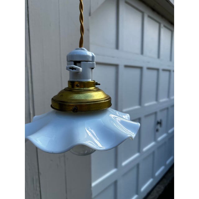 American Vintage Brass Knob and Tube Fixture With Ruffled Vintage Shade For Sale - Image 3 of 6