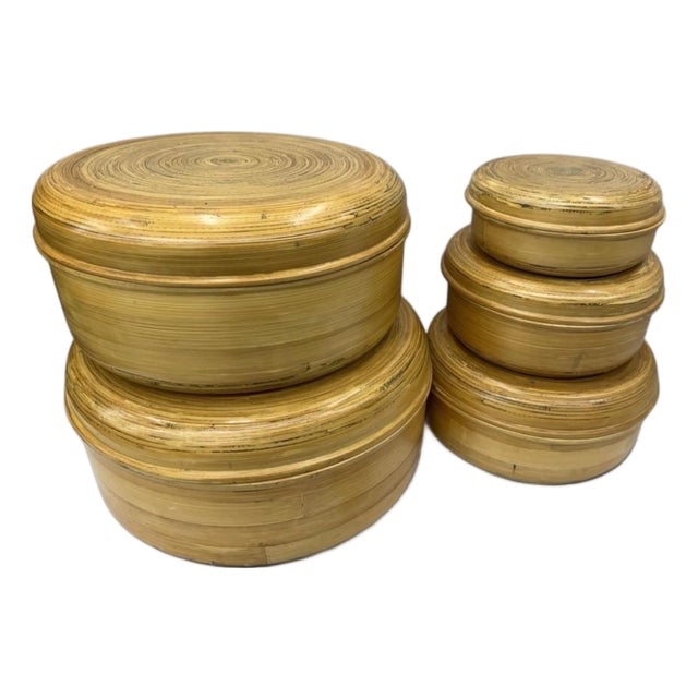 1980s Set of Five Oggetti Postmodern Coiled Bamboo Lidded Boxes, Graduated Sizes Hollywood Props For Sale